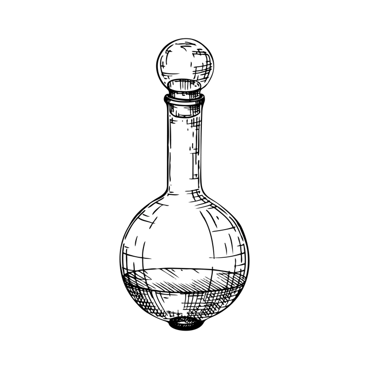 Hand sketched perfume bottle in vintage style. Glassware drawing for alchemy, medicine, cosmetics, or perfumery. Alchemy laboratory equipment sketch. Glass bottle for magic lab isolated on white